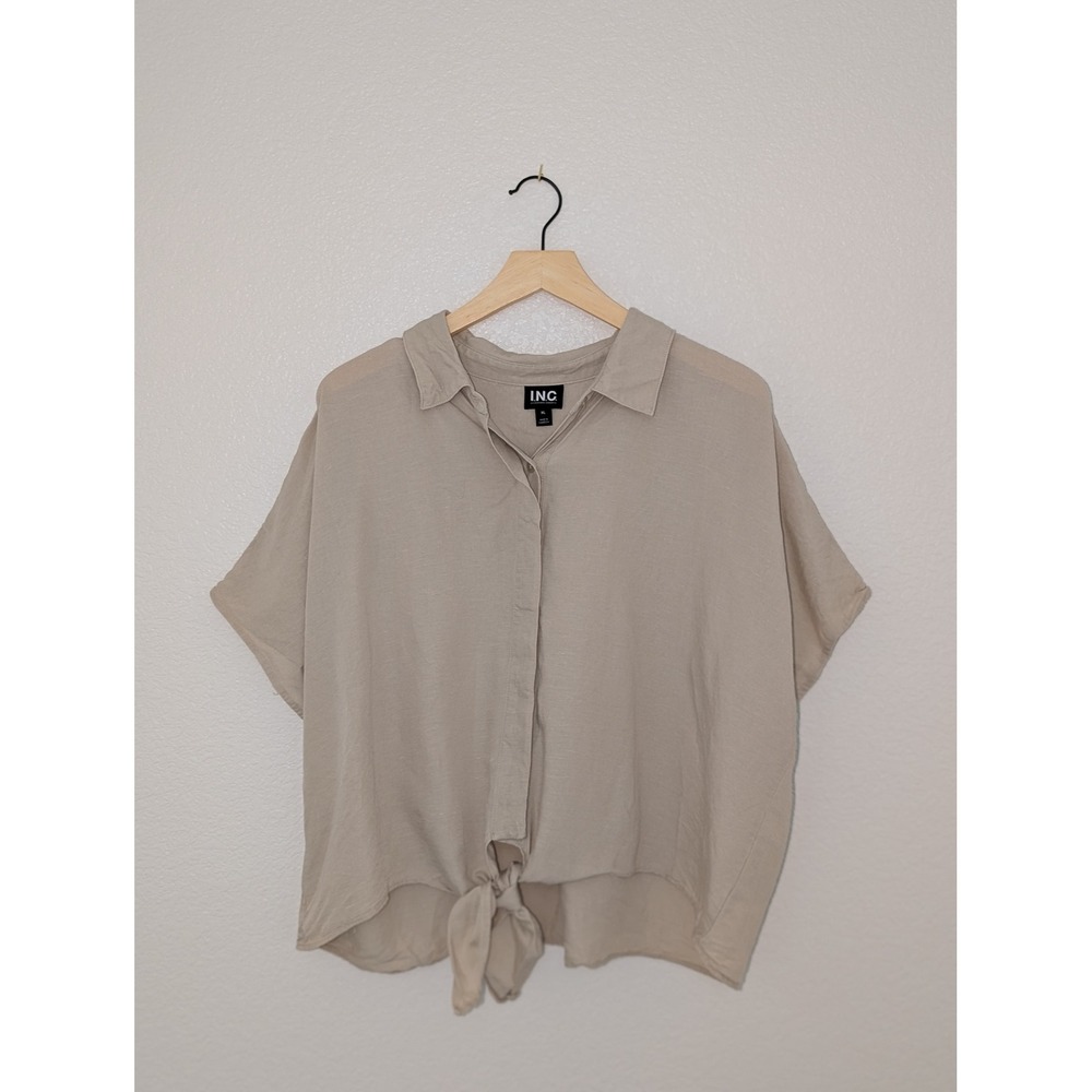 INC International Concepts Women Beige Tie Front Button Down Shirt XL